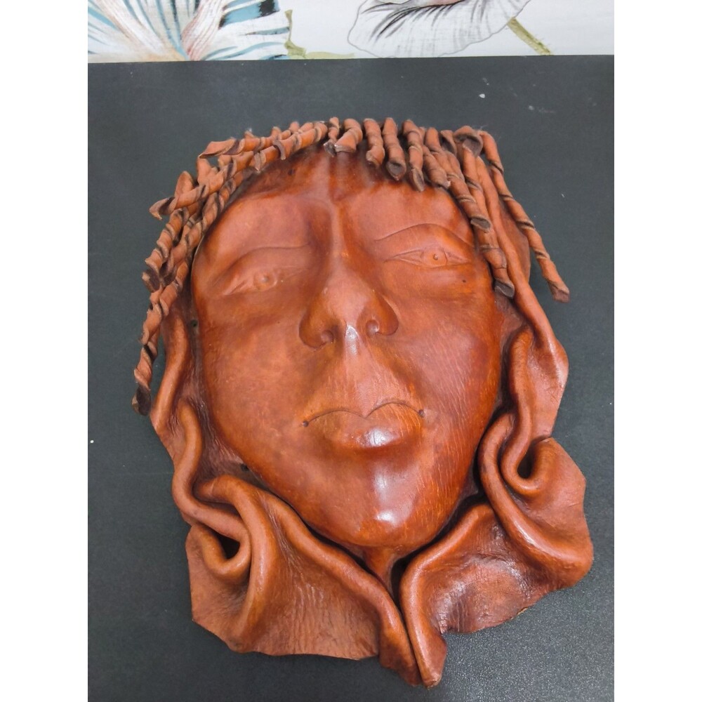 Leather Molded Face Sculpture Hand Tooled Mask Hanging Wall Art Signed 11"x 7"